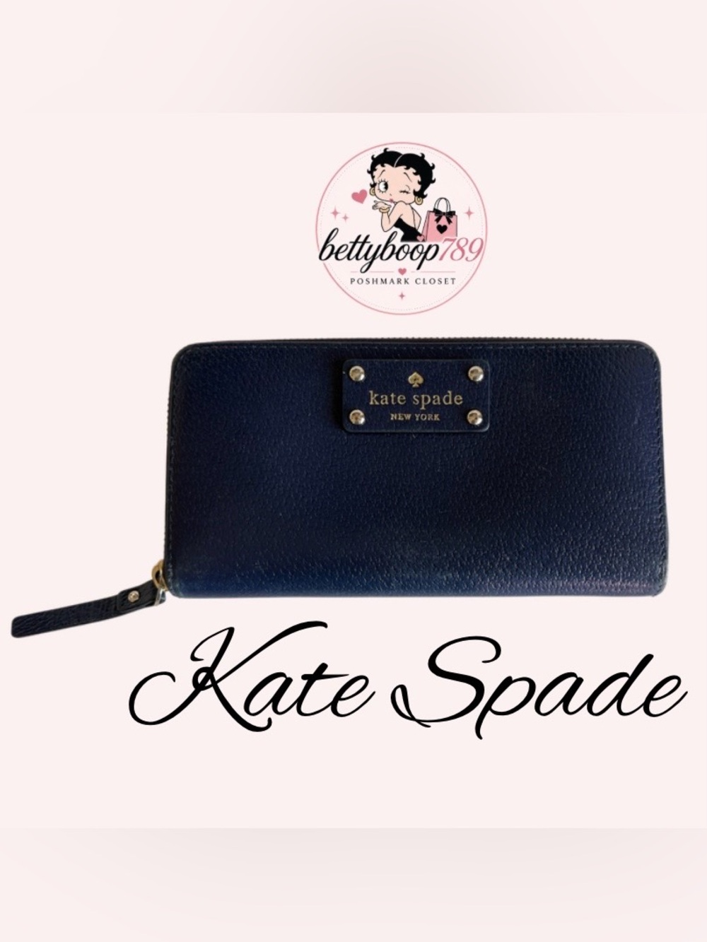 kate spade Navy Pebbled Leather Zip Around Wallet with Gold Plaque